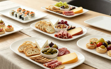 Melamine appetizer plates displaying a tapas and cheese spread for catering