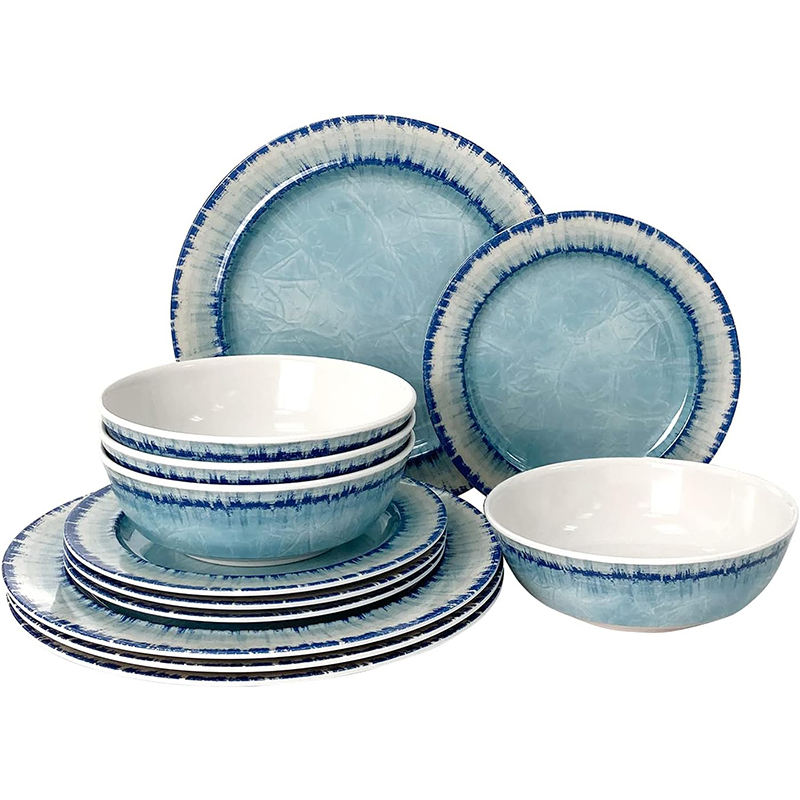 Light Blue Unbreakable Melamine Dishwasher Safe Plastic Dishes Set Break-Resistant and Lightweight for Home Picnic Camping