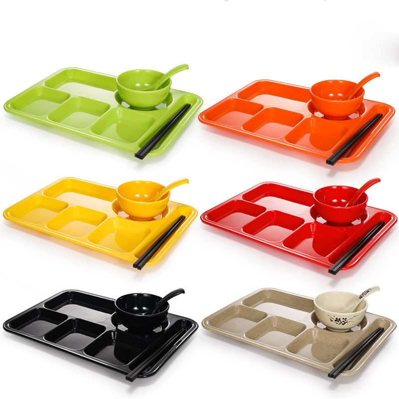Unbreakable Fast Food Melamine Plate 6 Compartment Divided Bamboo School Canteen Ready to Ship