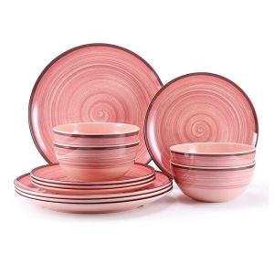 White & Pink Spiral 12pcs Melamine Dinnerware Set for Dining & Service
