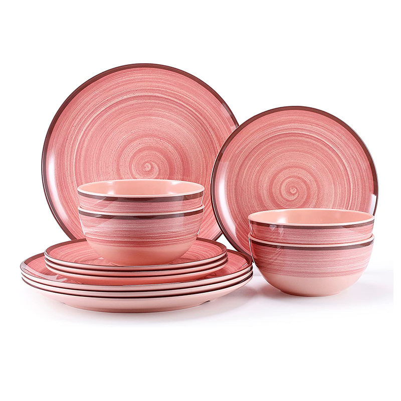 White & Pink Spiral 12pcs Melamine Dinnerware Set for Dining & Service
