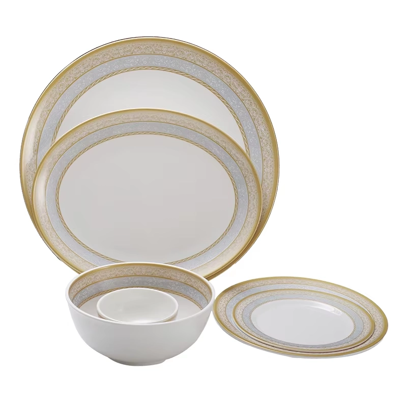 Gold Silver Melamine Dinnerware Set with Plates, Platters & Bowls